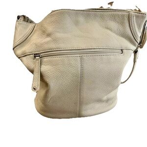 Stone & Co Women’s Cream leather purple lined shoulder bag purse tote GUC